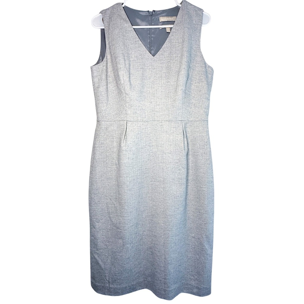 Banana Republic Gray Metallic Herringbone Sheath Dress Womens 12 Italian Fabric